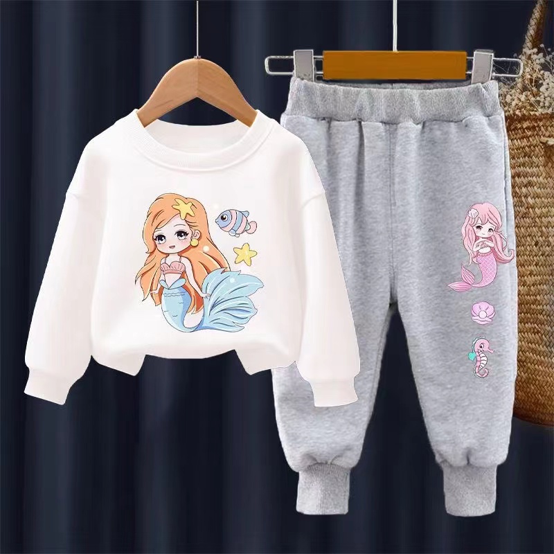 【18M-11Y】2-piece Girls Cute Mermaid Print Sweatshirt And Pants Set - 34287