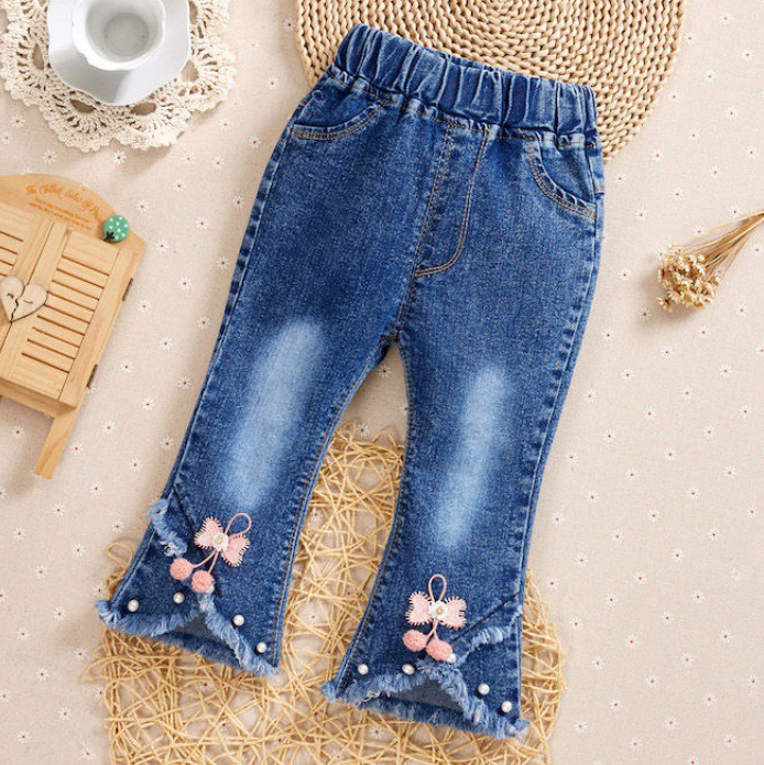【6M-9Y】Girl Sweet Flowers And Fringed Blue Jeans 【6M-9Y】Girl Sweet Flowers And Fringed Blue Jeans