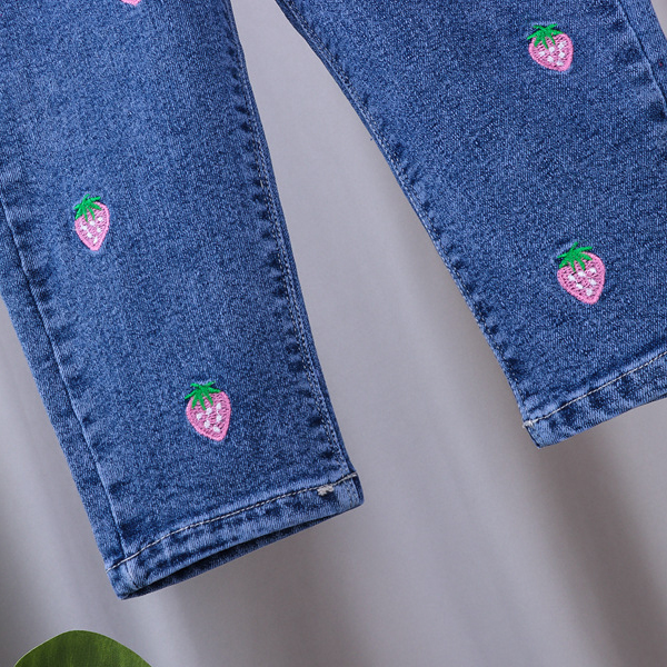 【12M-5Y】Girls Cute Bunny And Cartoon Embroidery Blue Jeans 【12M-5Y】Girls Cute Bunny And Cartoon Embroidery Blue Jeans