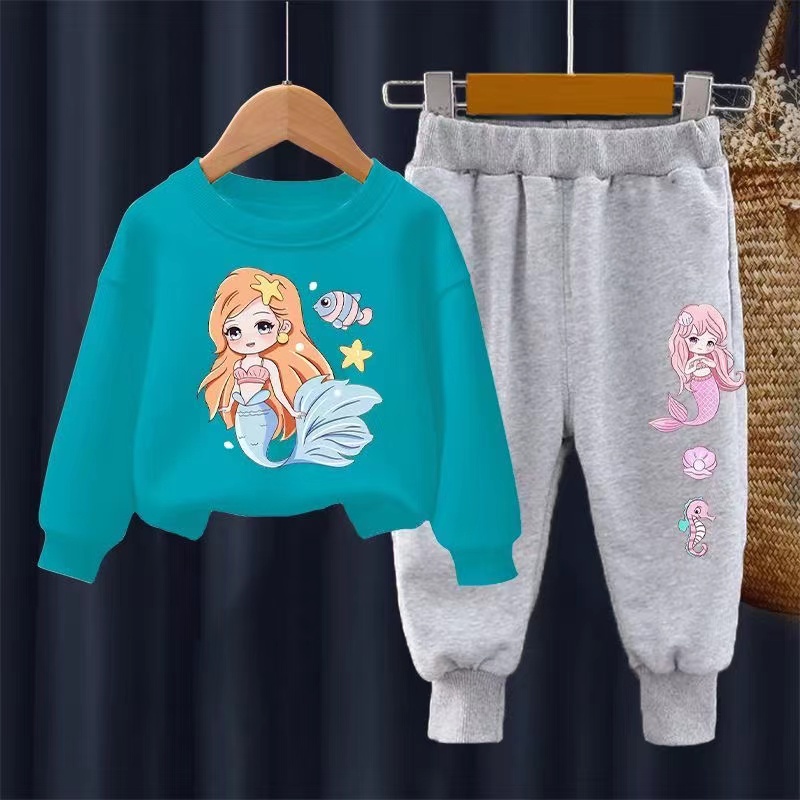 【18M-11Y】2-piece Girls Cute Mermaid Print Sweatshirt And Pants Set - 34287