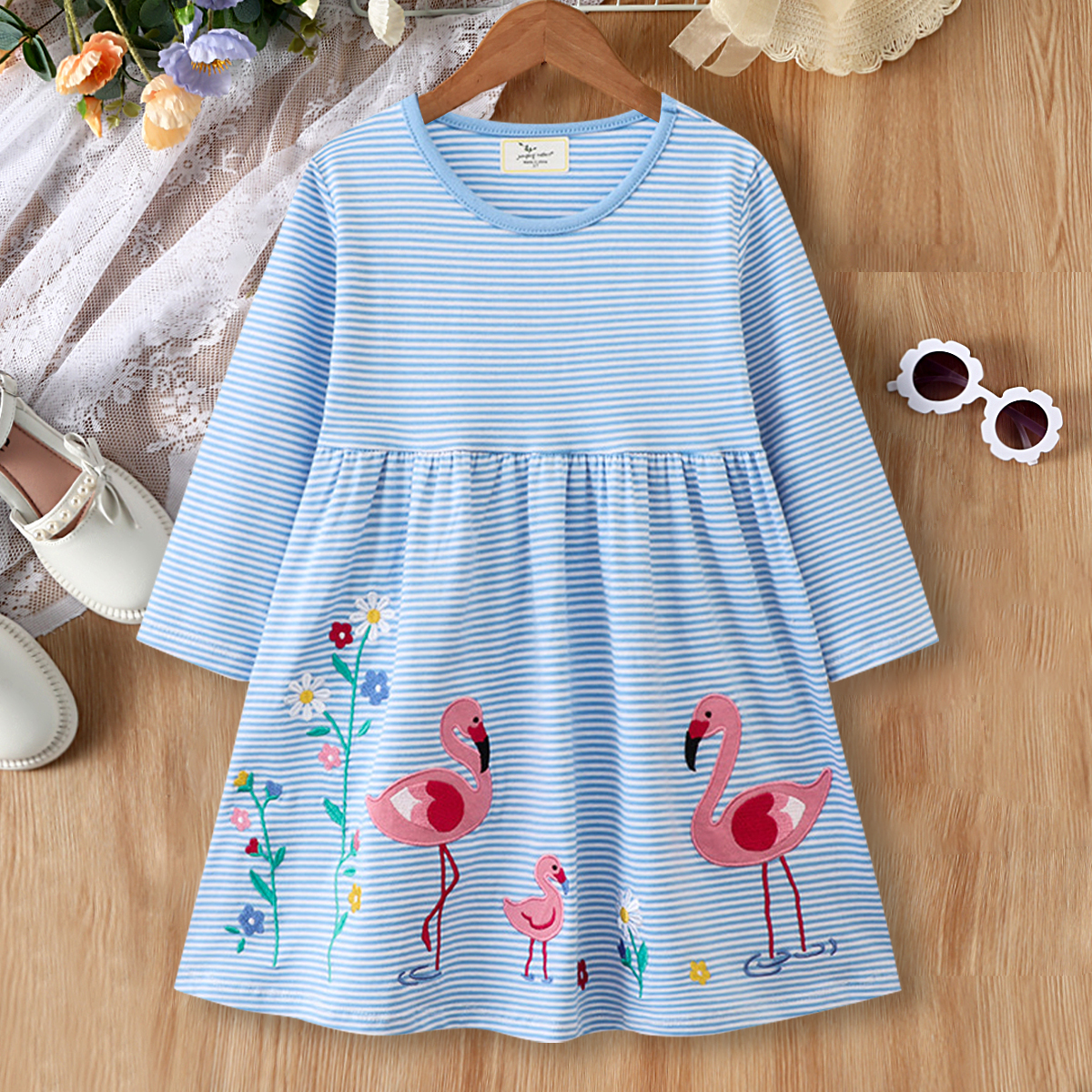 【18M-7Y】Girls Sweet Flamingo And Floral Embroidered Blue Striped Long Sleeve Dress
