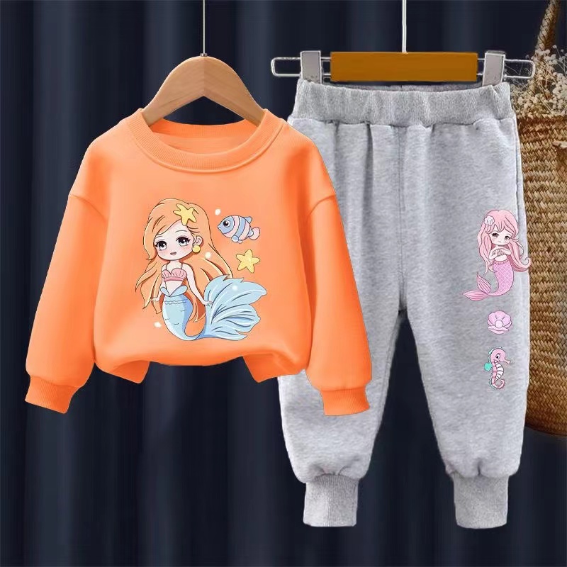 【18M-11Y】2-piece Girls Cute Mermaid Print Sweatshirt And Pants Set - 34287