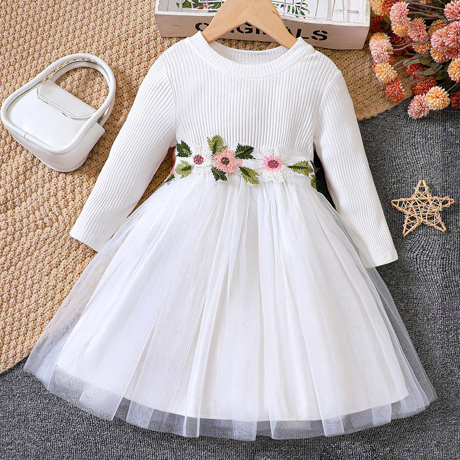 【18M-6Y】Girls Fashion Floral Embroidery Round Neck Long Sleeve Mesh Dress