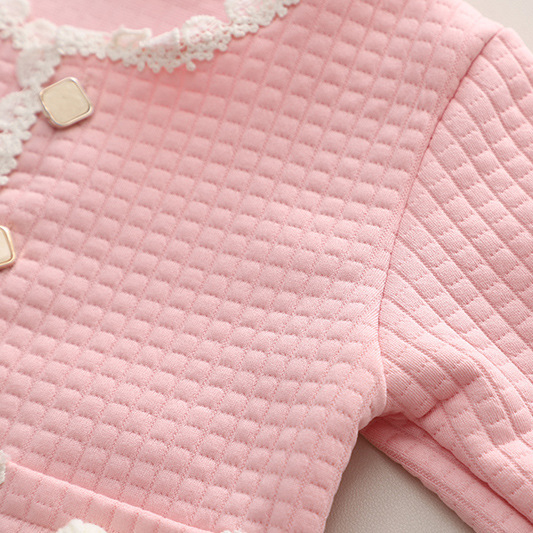 【12M-5Y】3-piece Girls Fashionable White T-shirt And Flower Embroidered Cardigan And Jeans Set - 34427