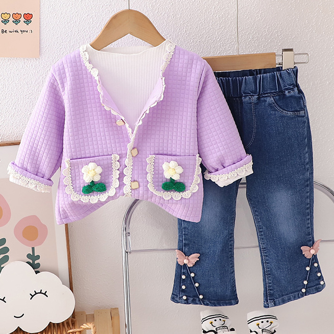 【12M-5Y】3-piece Girls Fashionable White T-shirt And Flower Embroidered Cardigan And Jeans Set - 34427