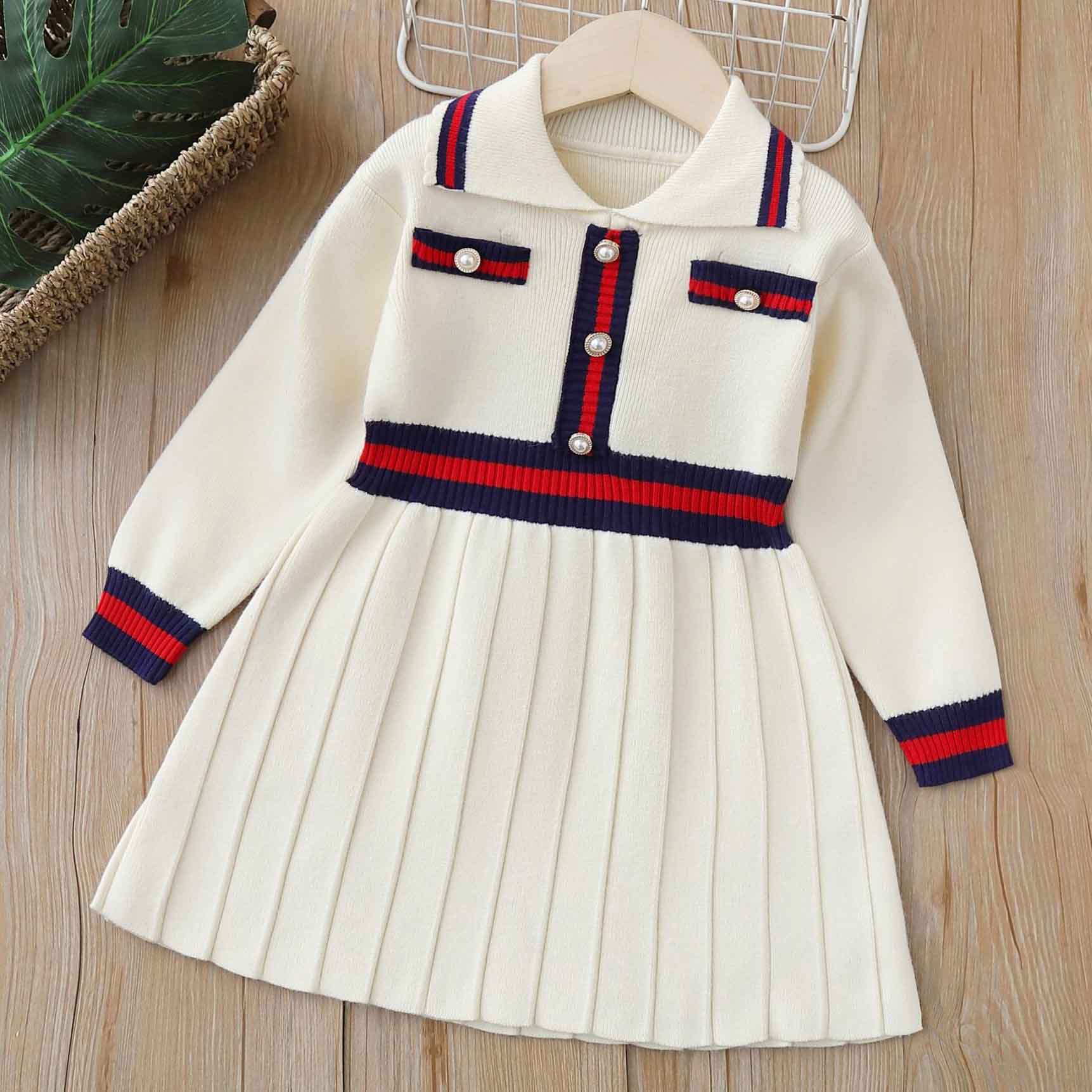 【18M-6Y】Girls Fashion Striped Patchwork Lapel Long Sleeve Dress - 33341