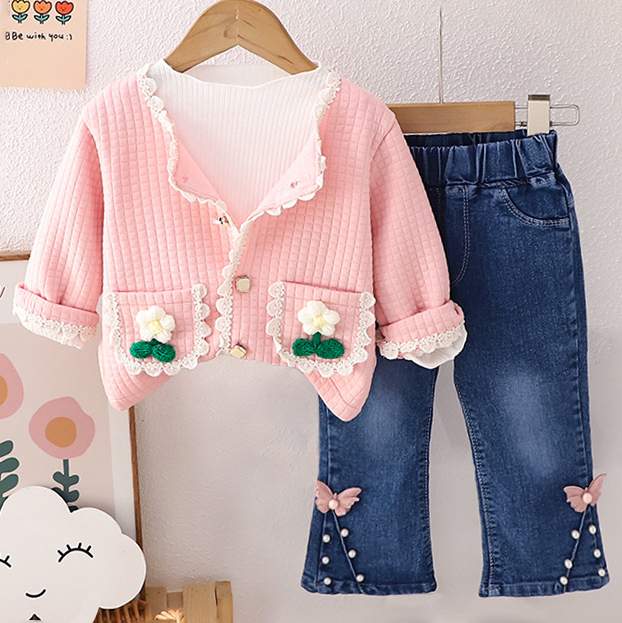 【12M-5Y】3-piece Girls Fashionable White T-shirt And Flower Embroidered Cardigan And Jeans Set - 34427