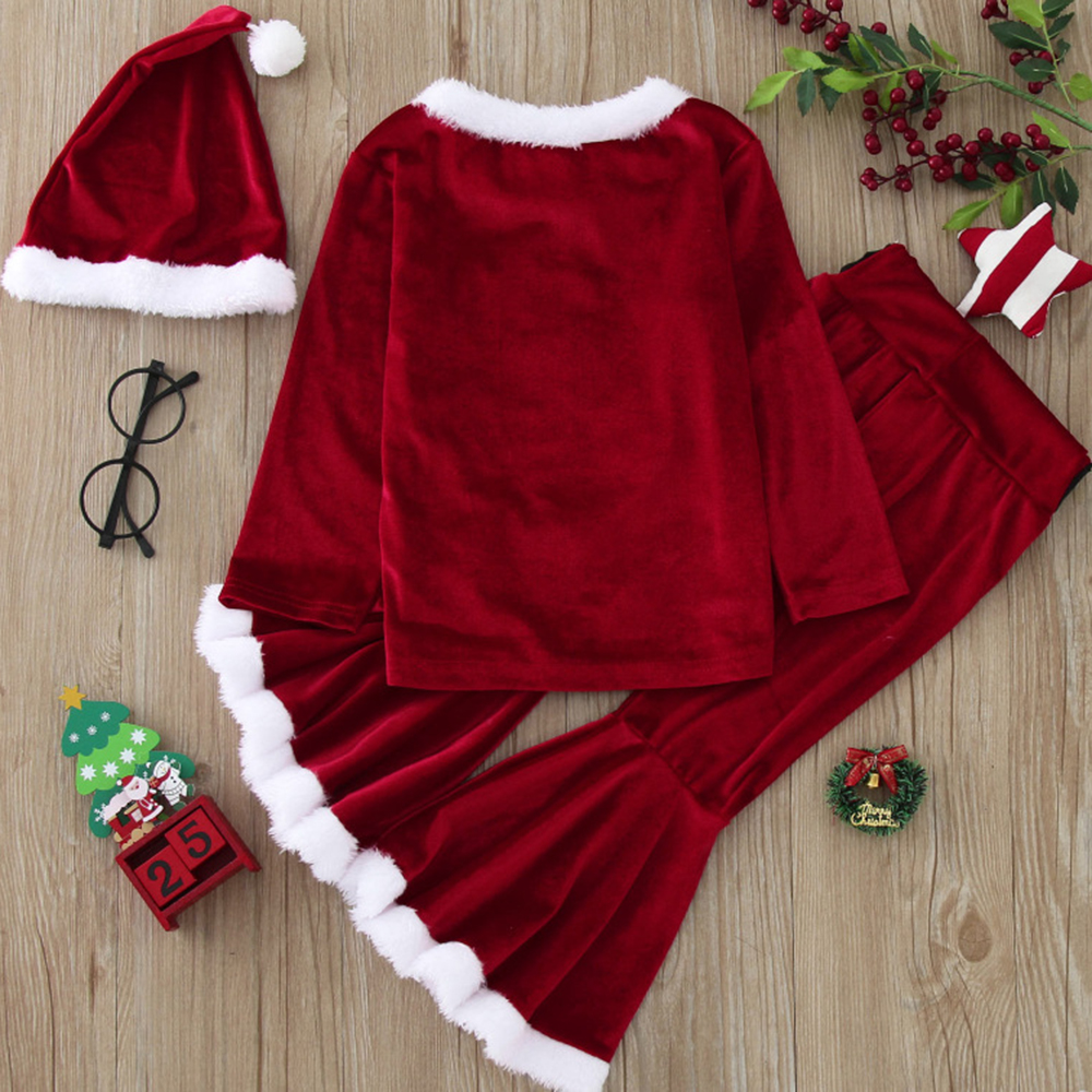 【12M-7Y】3-piece Girls Sweet Red Velvet Christmas Print Plush Top And Flare Pants Set - 34252