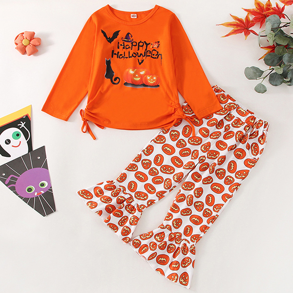 【2Y-9Y】Girl Cute Halloween Print Long Sleeve Tee And Flare Pants Set