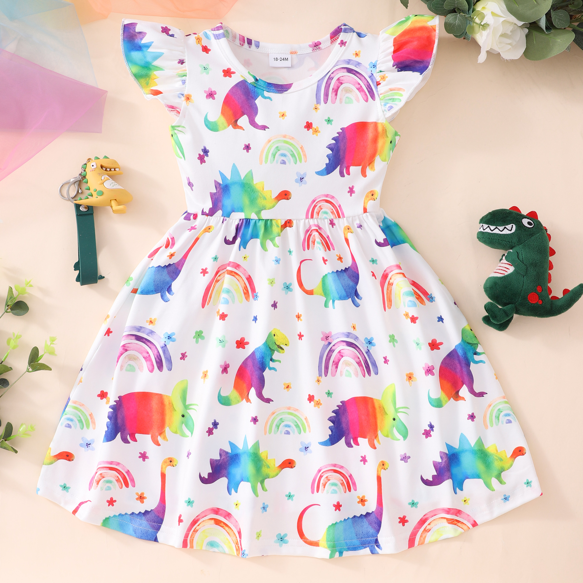 【18M-8Y】Girl Summer Cute Royal Blue Colorful Dinosaur Ruffle Dress