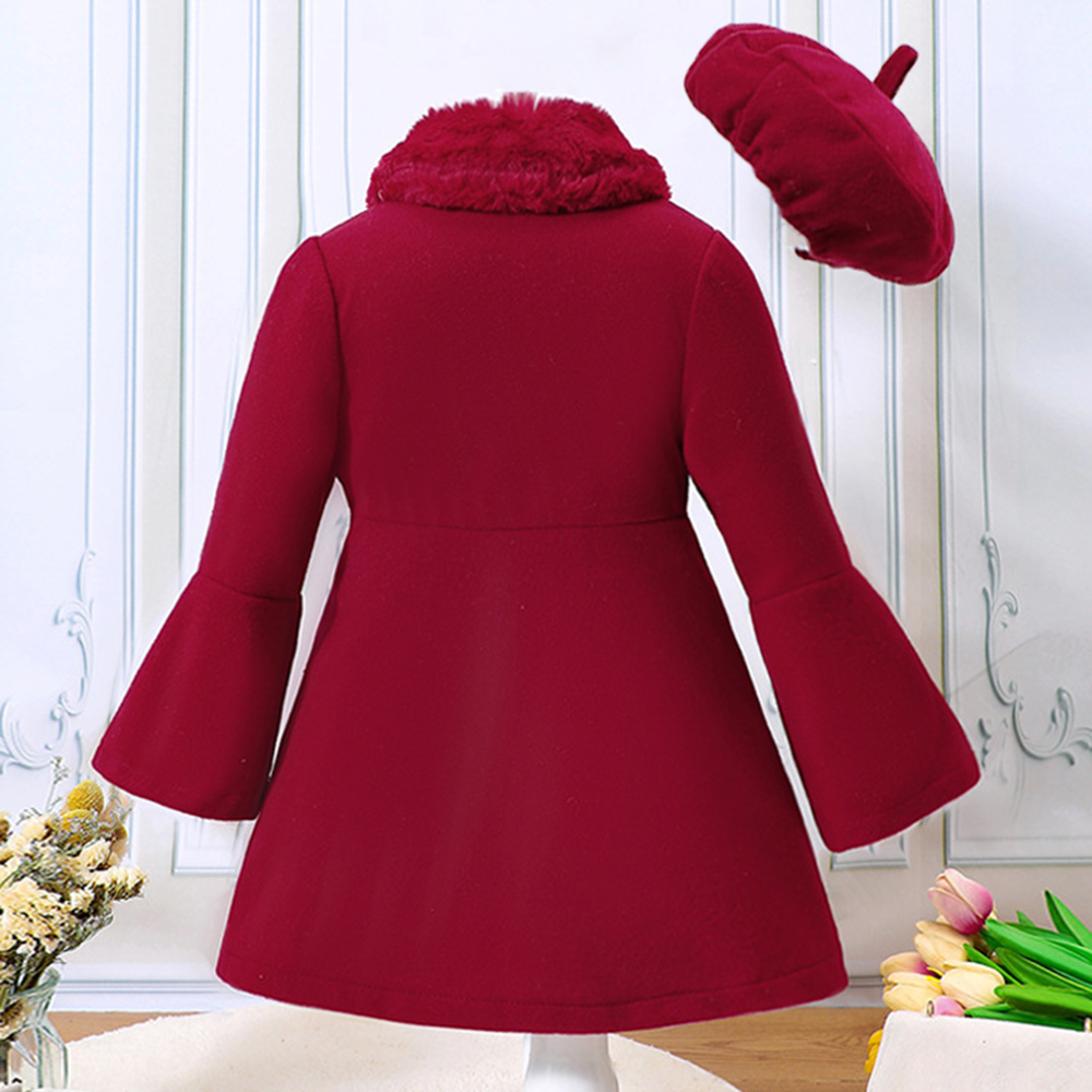 【18M-6Y】2-piece Girl Elegant Christmas And New Year Red Tweed Keep Warm Plush Stitching Collar Bell Sleeve Coat With Hat - 31117