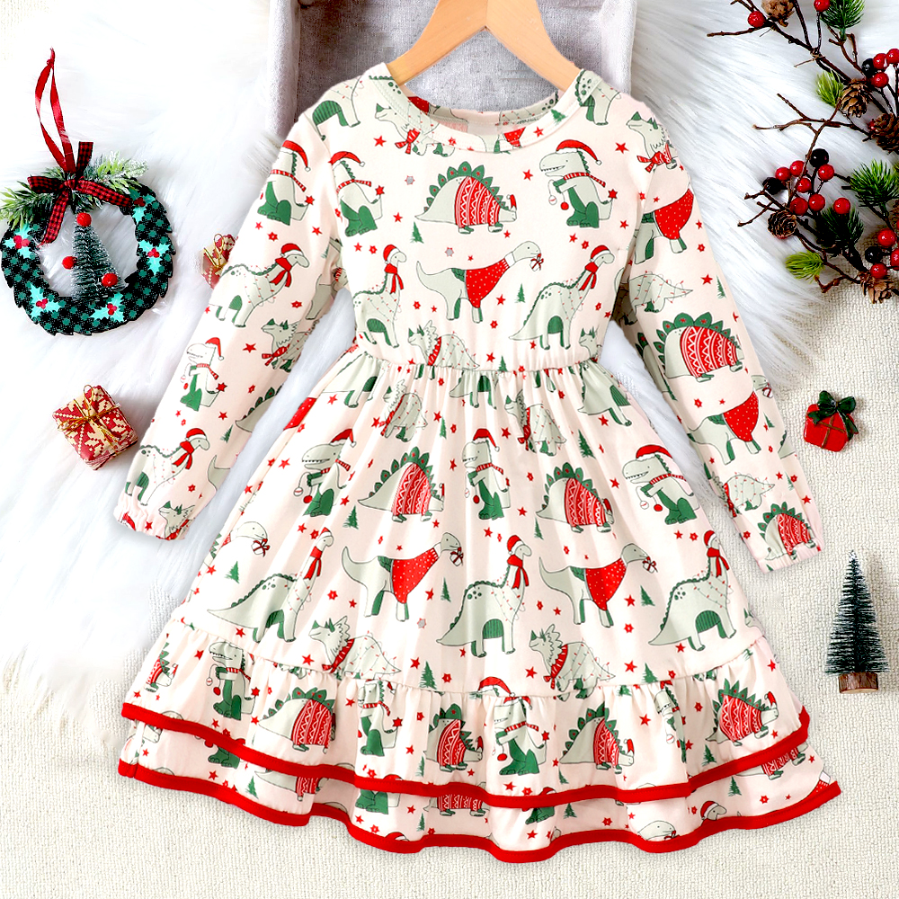 【2Y-7Y】Girl Christmas Cartoon Dinosaur Print Ruffle Long Sleeve Dress