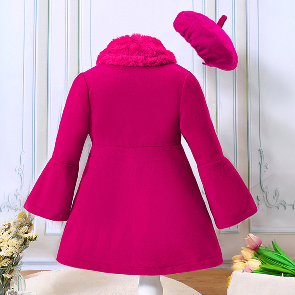 【18M-6Y】2-piece Girl Elegant Christmas And New Year Red Tweed Keep Warm Plush Stitching Collar Bell Sleeve Coat With Hat - 31117