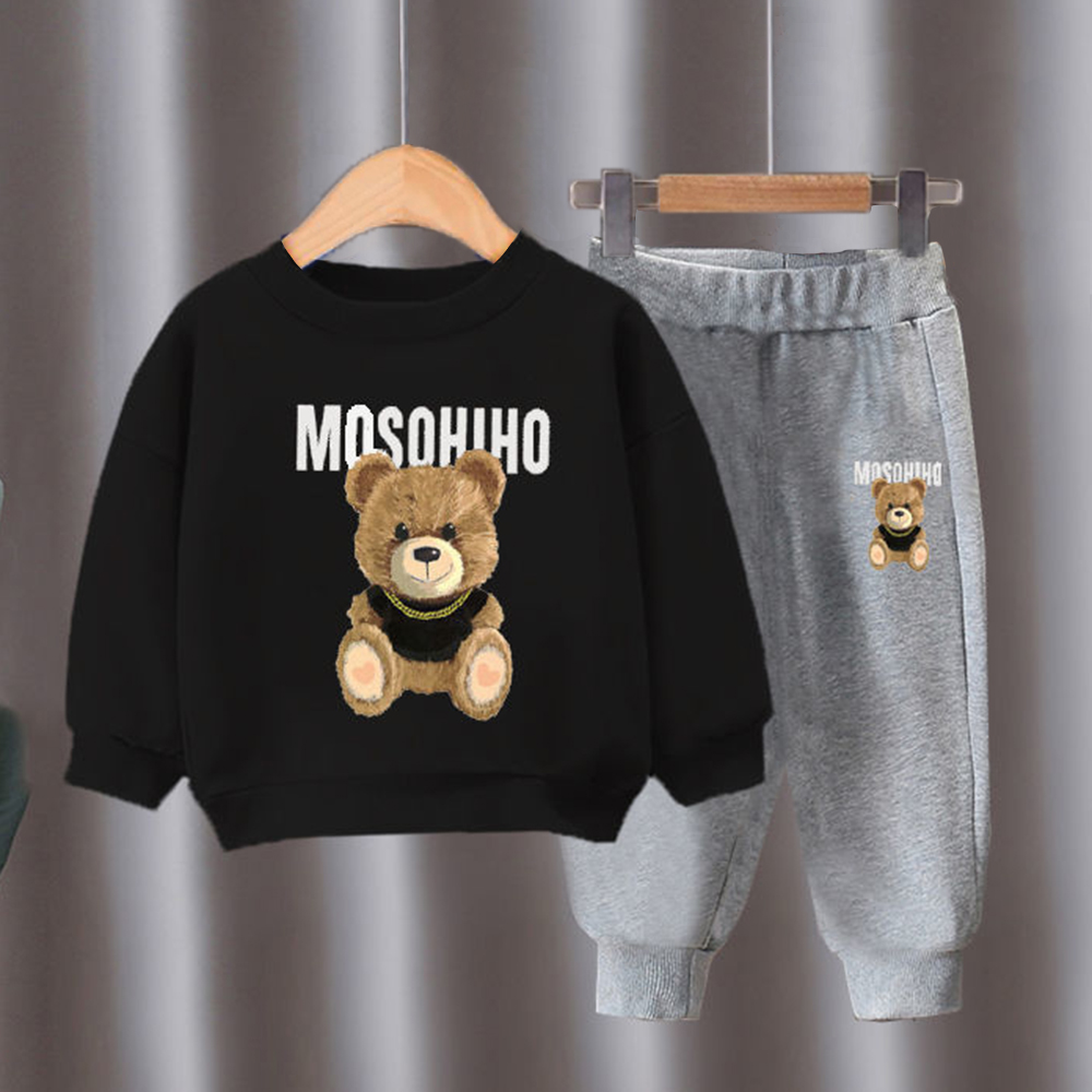 【18M-10Y】2-piece Unisex Slack Bear Print Crewneck Sweatshirt And Pants Set