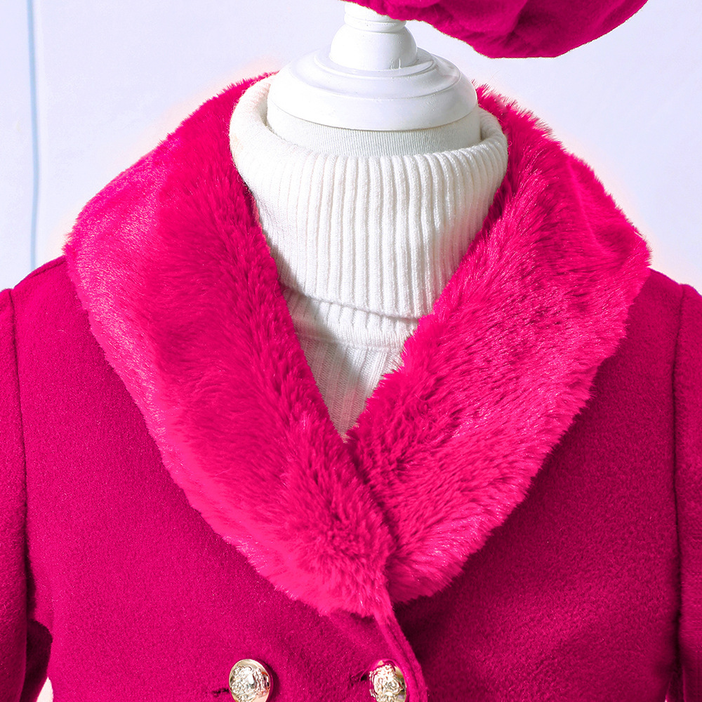 【18M-6Y】2-piece Girl Elegant Christmas And New Year Red Tweed Keep Warm Plush Stitching Collar Bell Sleeve Coat With Hat - 31117