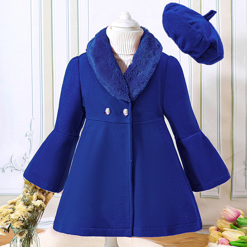 【18M-6Y】2-piece Girl Elegant Christmas And New Year Red Tweed Keep Warm Plush Stitching Collar Bell Sleeve Coat With Hat - 31117