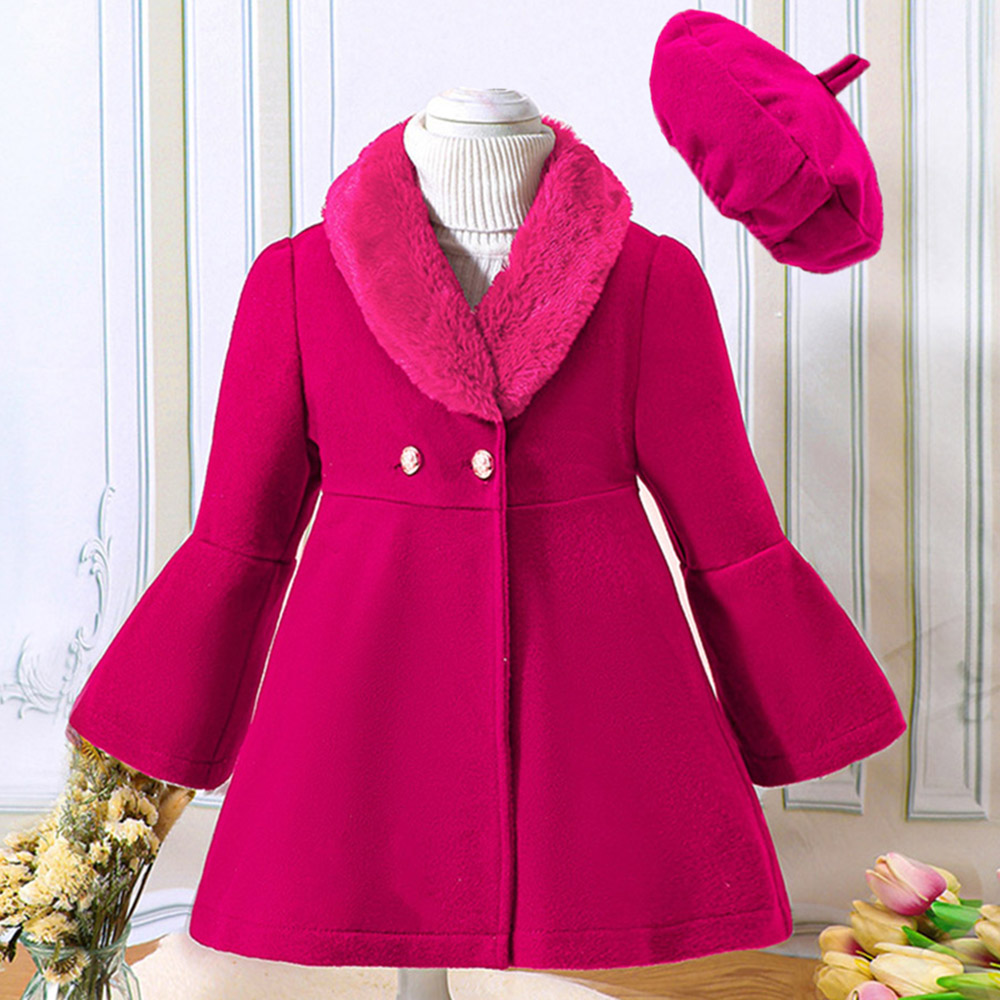 【18M-6Y】2-piece Girl Elegant Christmas And New Year Red Tweed Keep Warm Plush Stitching Collar Bell Sleeve Coat With Hat - 31117 【18M-6Y】2-piece Girl Elegant Christmas And New Year Red Tweed Keep Warm Plush Stitching Collar Bell Sleeve Coat With Hat - 31117