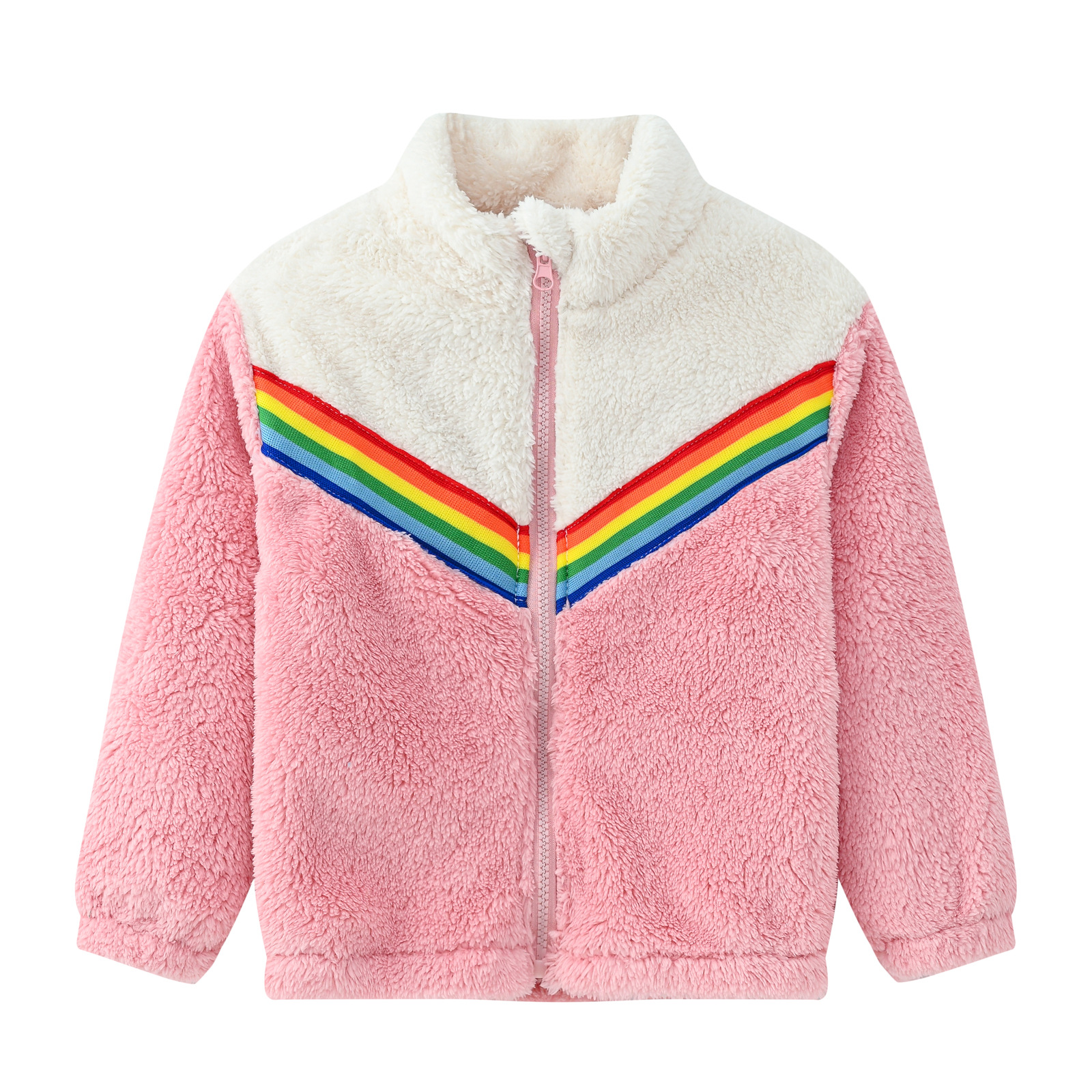 【18M-6Y】Girl Casual Fleeced Keep Warm Colorblock Rainbow Webbing High Neck Coat