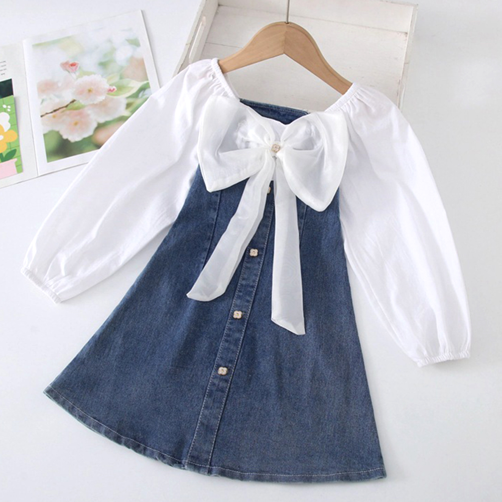 【18M-8Y】Girl Sweet Fake Two-Piece Colorblock Bowknot Long Sleeve Dress - 33354