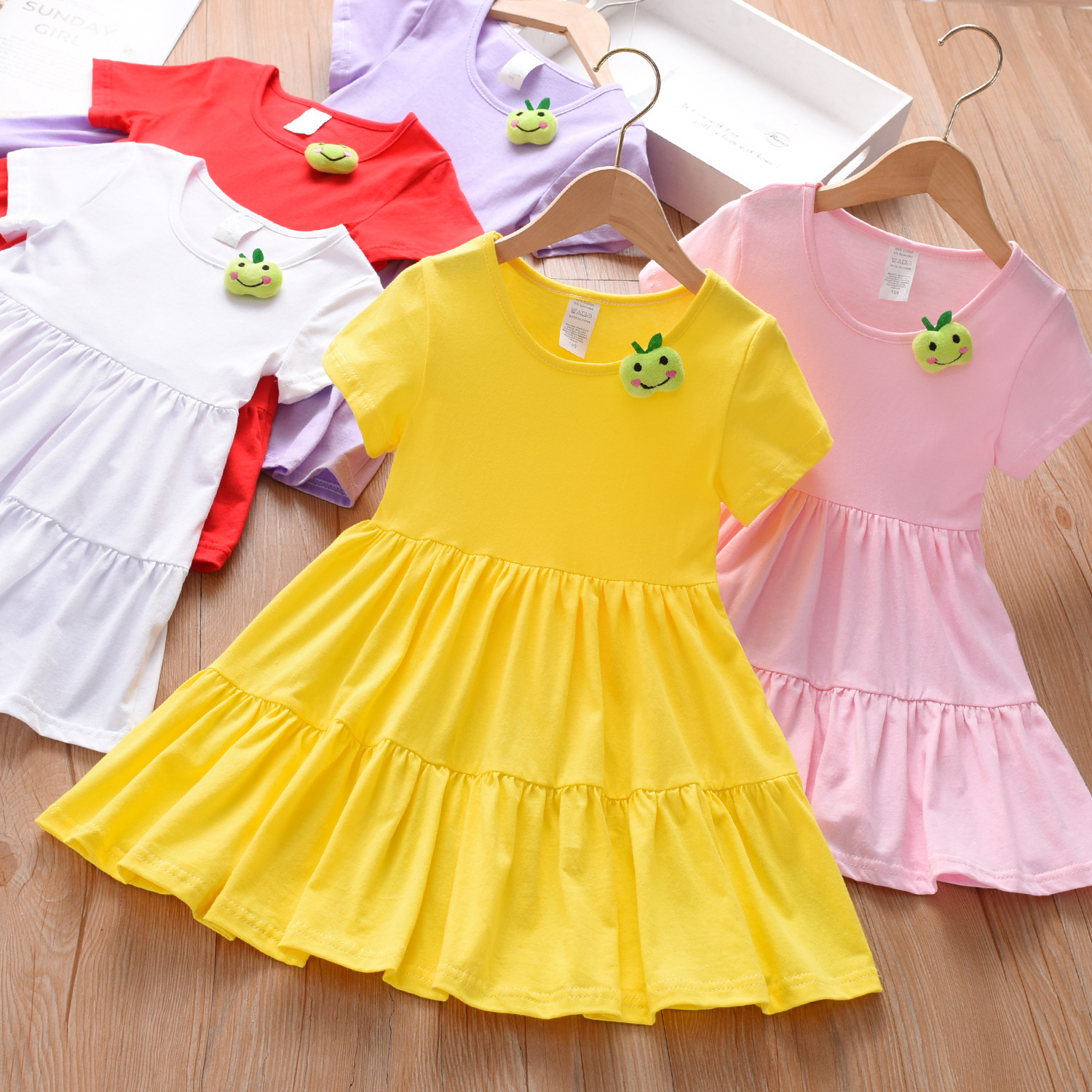 【12M-5Y】Girl Sweet Solid Color Multicolor Splicing Umbrella Hem Short-sleeved Dress
