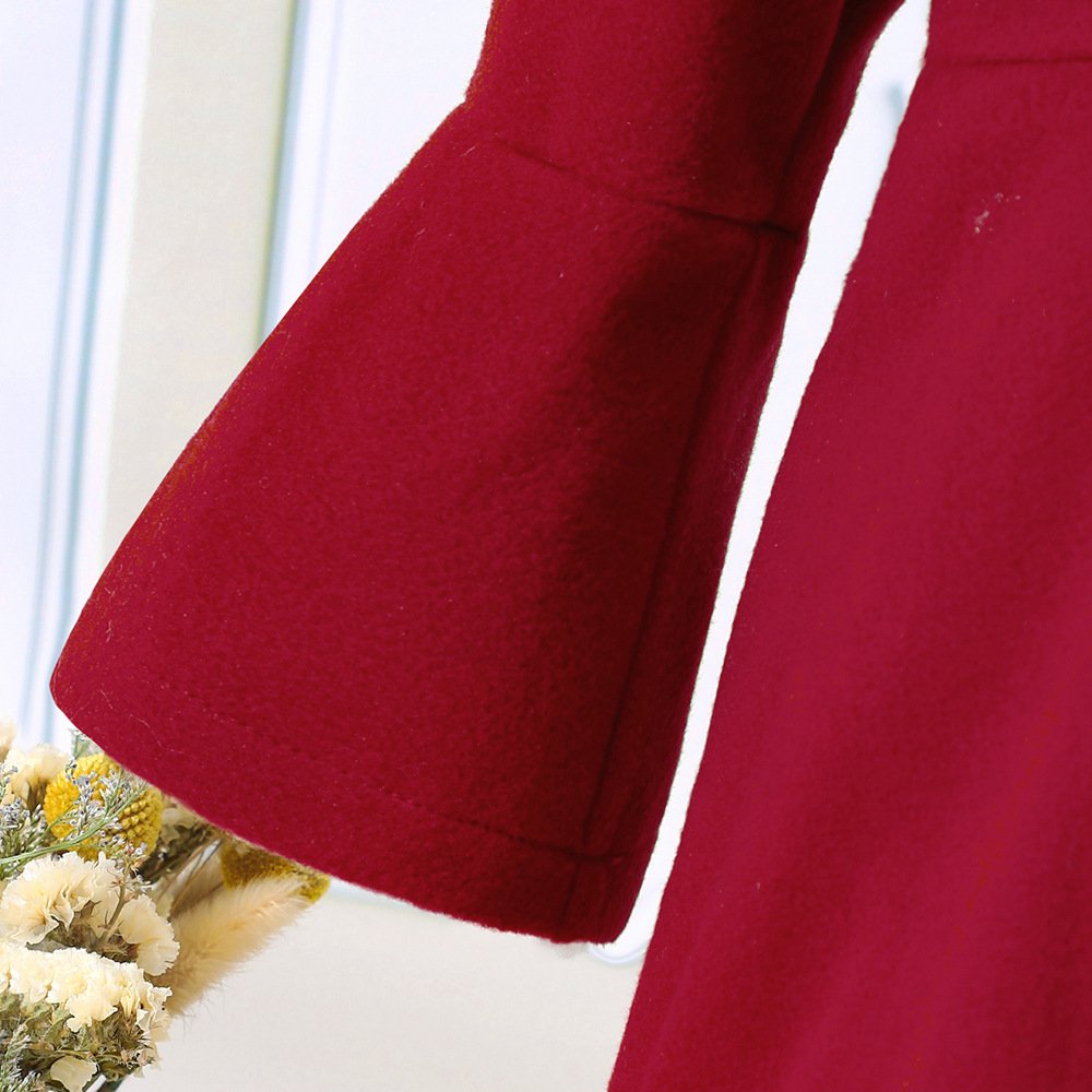 【18M-6Y】2-piece Girl Elegant Christmas And New Year Red Tweed Keep Warm Plush Stitching Collar Bell Sleeve Coat With Hat - 31117