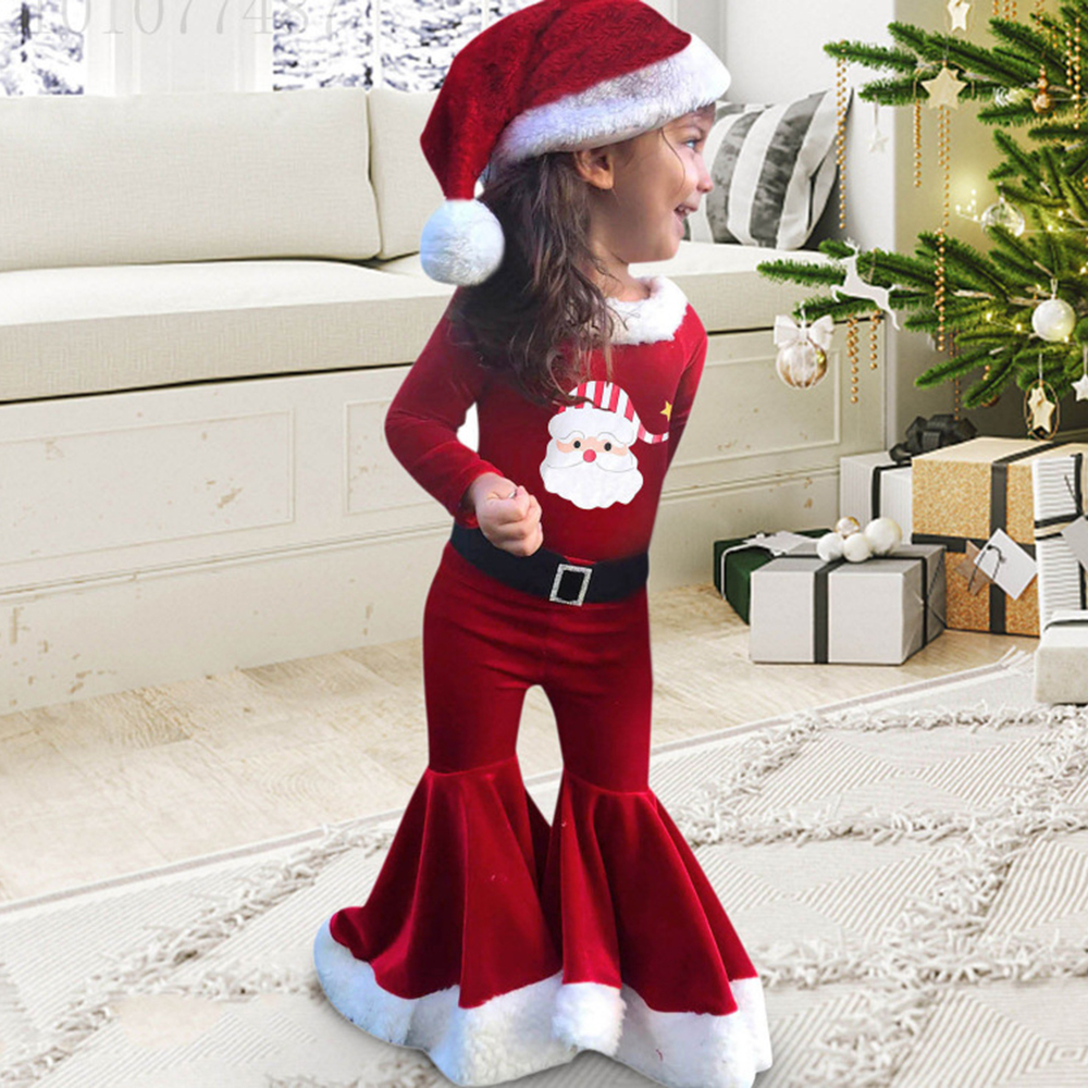 【12M-7Y】3-piece Girls Sweet Red Velvet Christmas Print Plush Top And Flare Pants Set - 34252