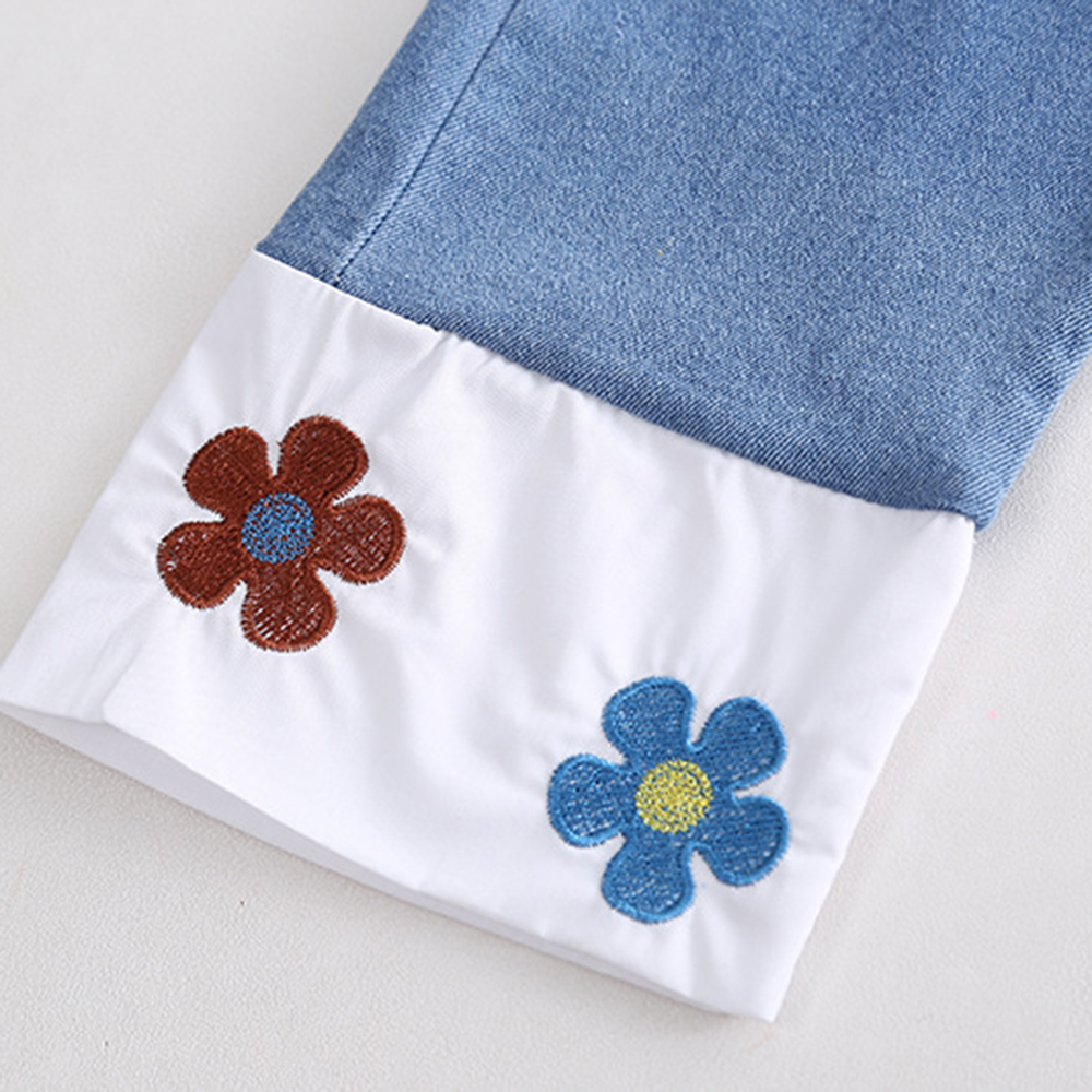 【12M-5Y】2-piece Girl White Heart-shaped Embroidered Doll Collar Long Sleeve Shirt And Colorblock Jeans Set - 34409 【12M-5Y】2-piece Girl White Heart-shaped Embroidered Doll Collar Long Sleeve Shirt And Colorblock Jeans Set - 34409