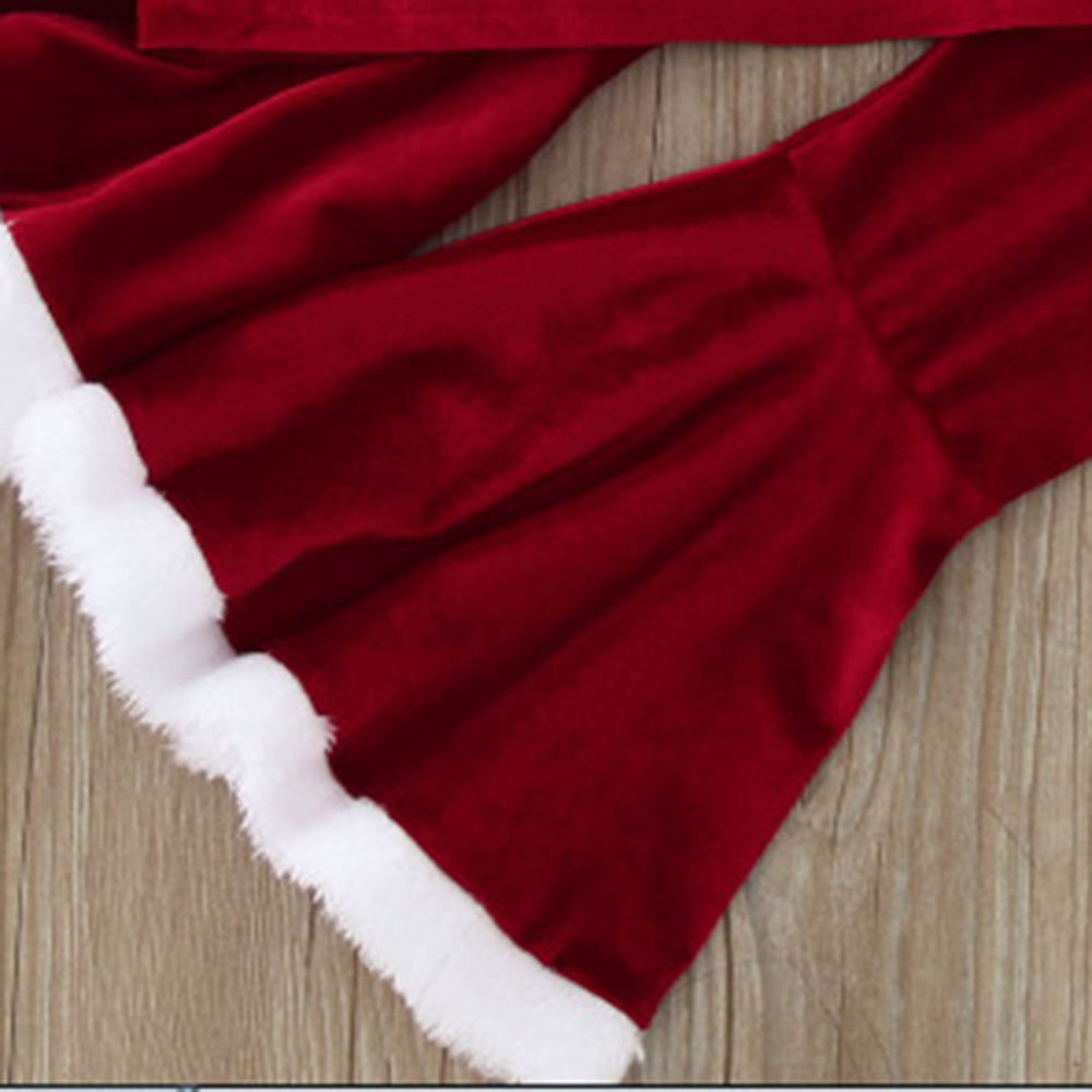 【12M-7Y】3-piece Girls Sweet Red Velvet Christmas Print Plush Top And Flare Pants Set - 34252