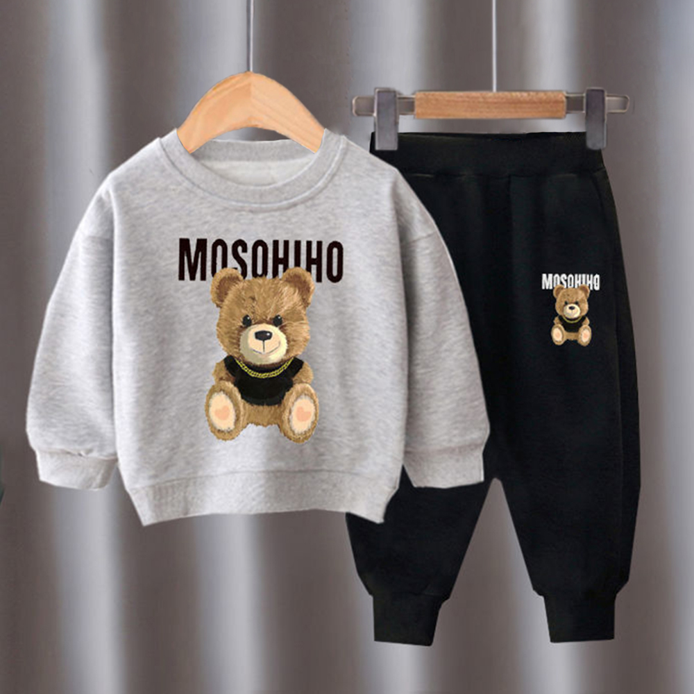 【18M-10Y】2-piece Unisex Slack Bear Print Crewneck Sweatshirt And Pants Set