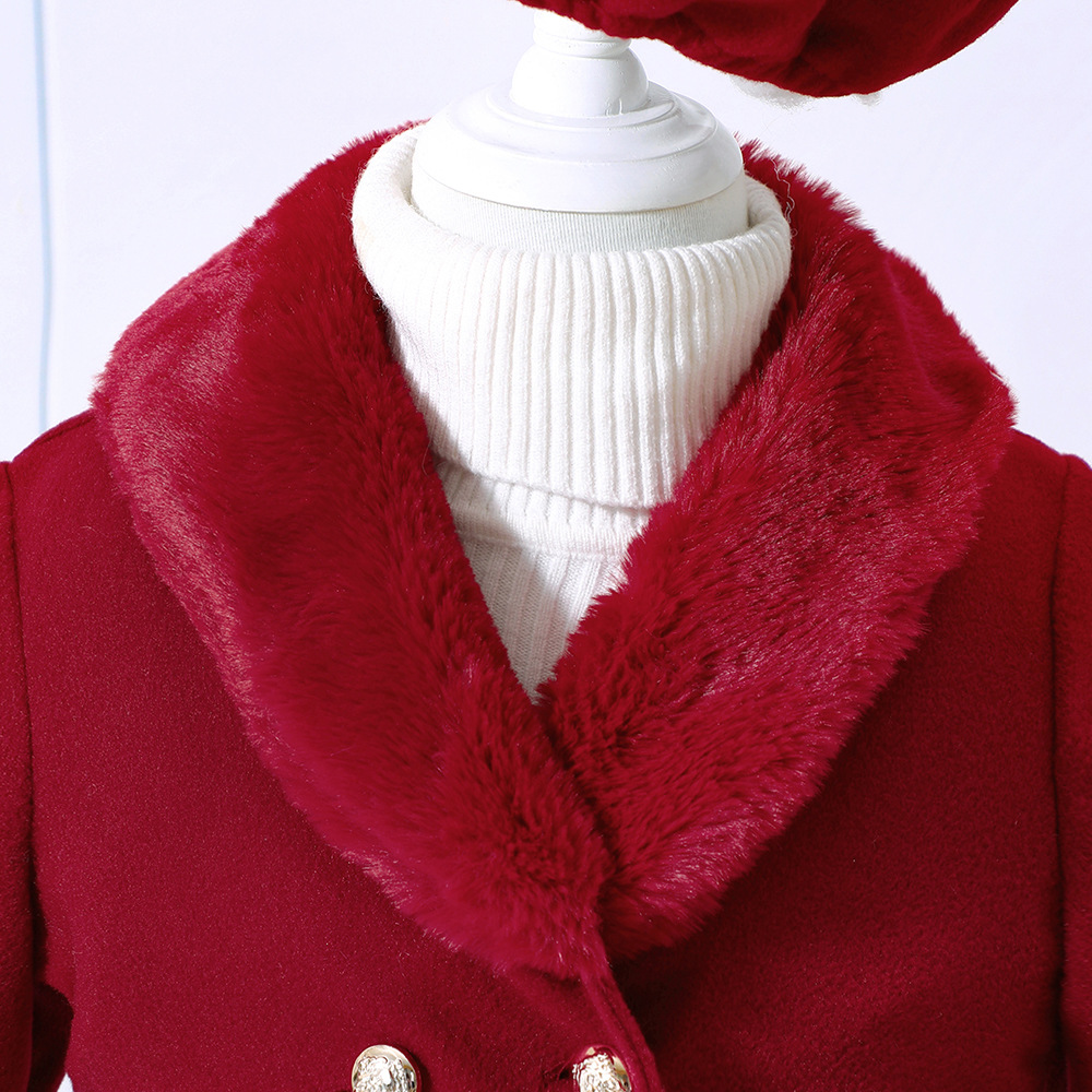 【18M-6Y】2-piece Girl Elegant Christmas And New Year Red Tweed Keep Warm Plush Stitching Collar Bell Sleeve Coat With Hat - 31117