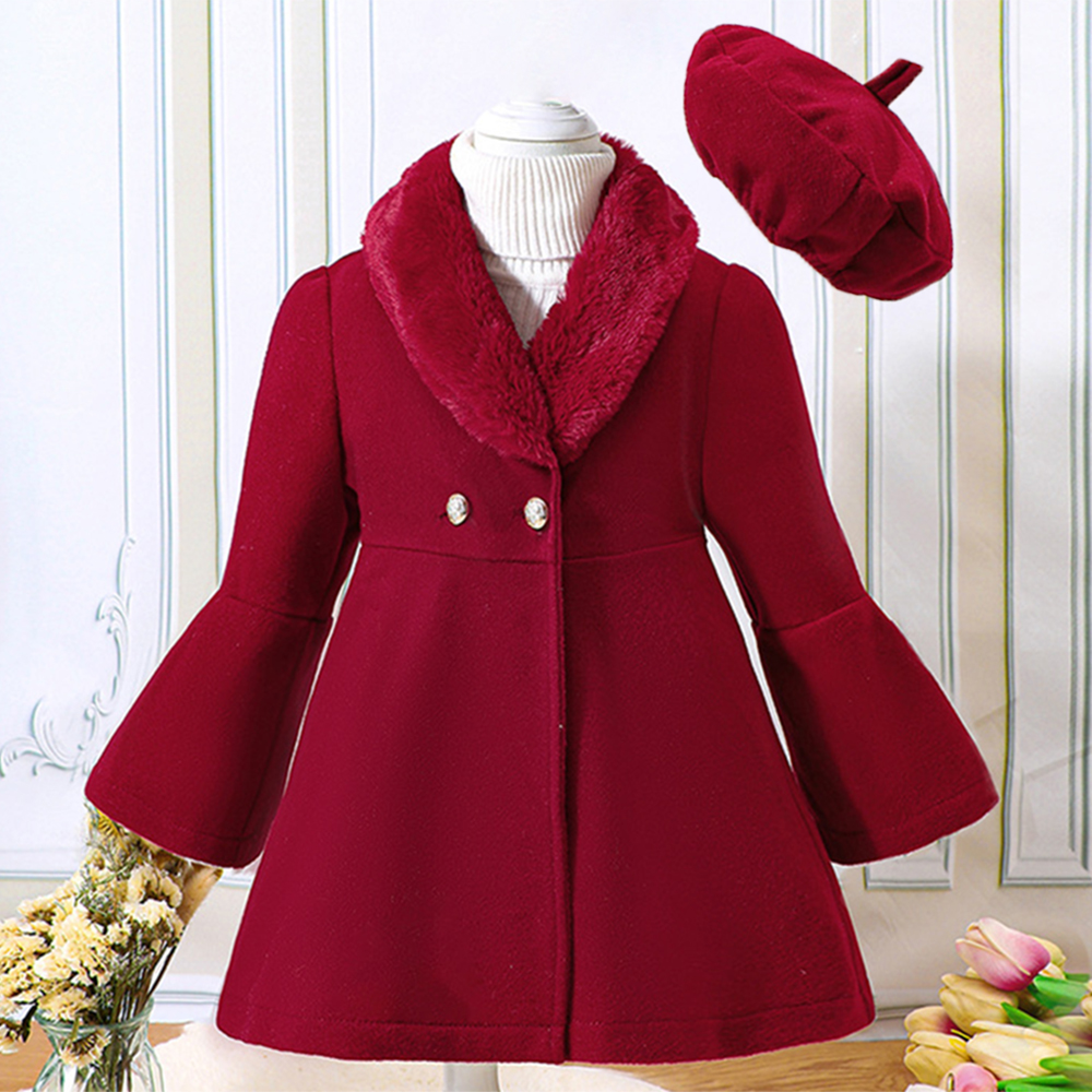 【18M-6Y】2-piece Girl Elegant Christmas And New Year Red Tweed Keep Warm Plush Stitching Collar Bell Sleeve Coat With Hat - 31117