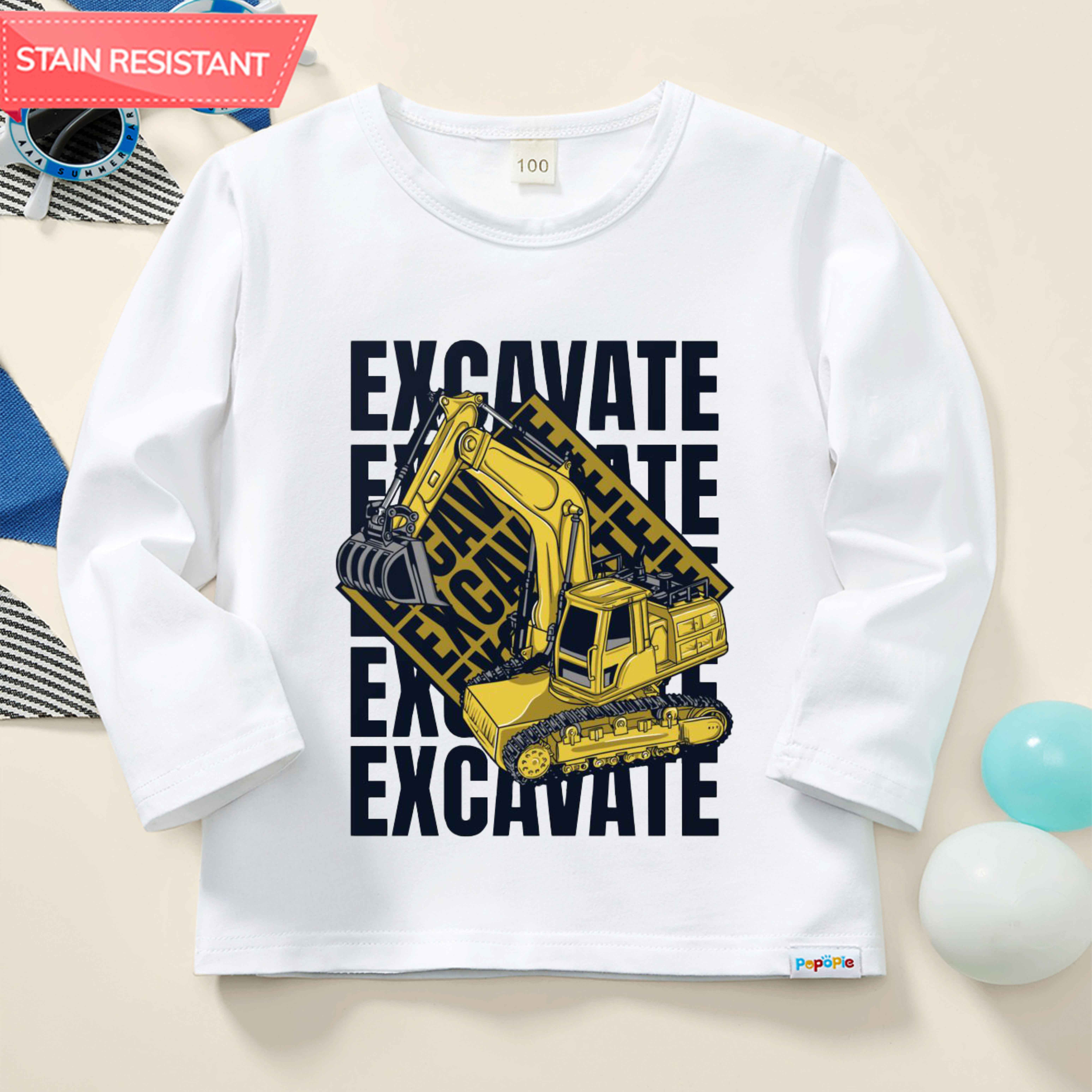 【12M-9Y】Boy Cute Excavator Print Cotton Stain Resistant Long Sleeve T-shirt