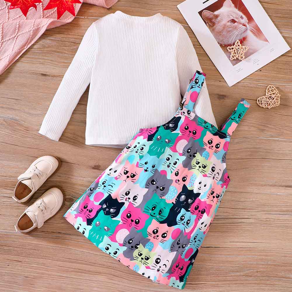 【18M-6Y】2-piece Girl Cute White Long Sleeve T-shirt And Colorful Cartoon Cat Print Suspender Dress Set - 34436