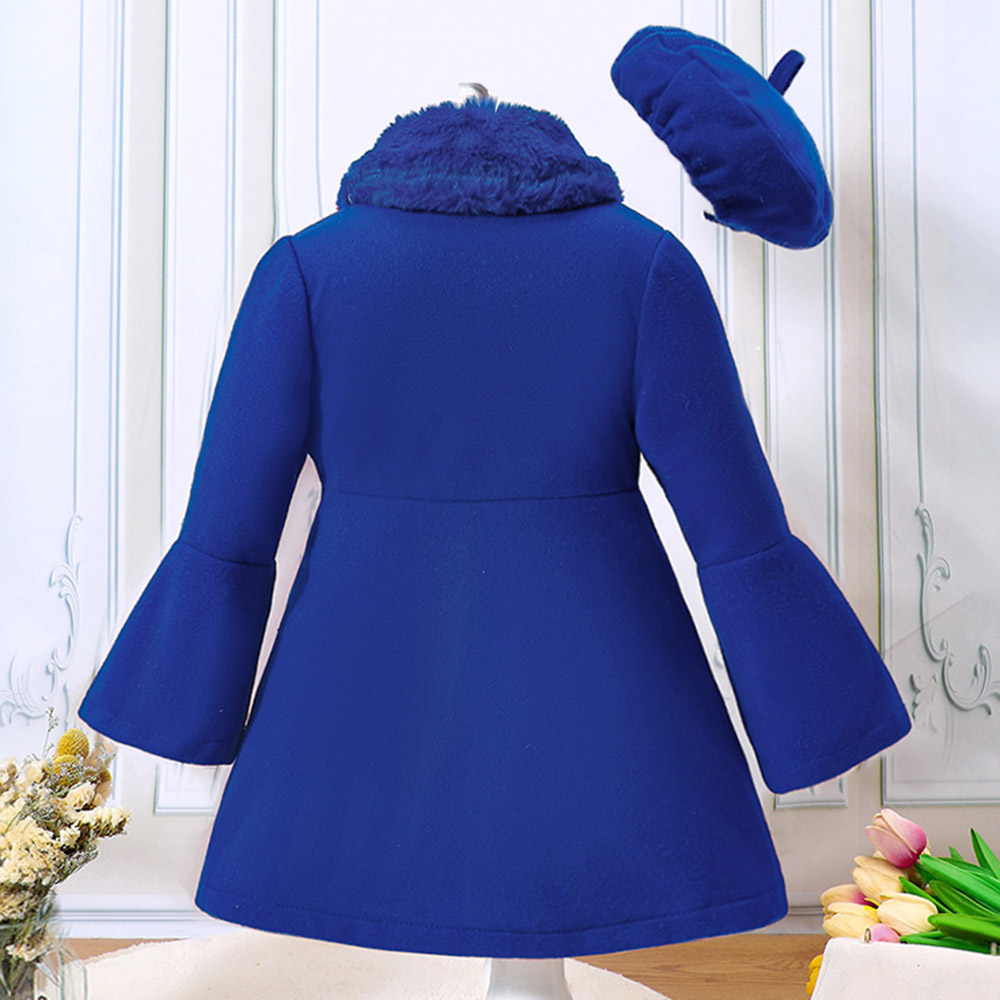 【18M-6Y】2-piece Girl Elegant Christmas And New Year Red Tweed Keep Warm Plush Stitching Collar Bell Sleeve Coat With Hat - 31117