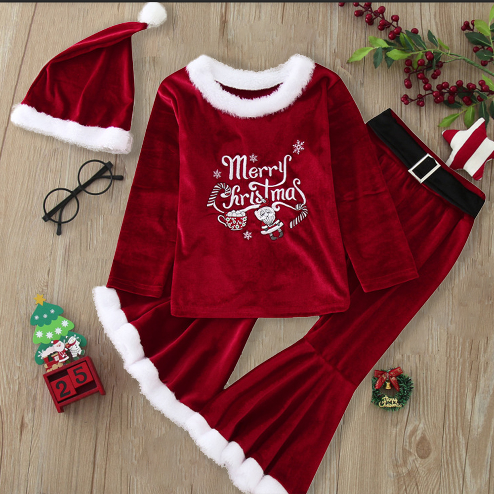 【12M-7Y】3-piece Girls Sweet Red Velvet Christmas Print Plush Top And Flare Pants Set - 34252