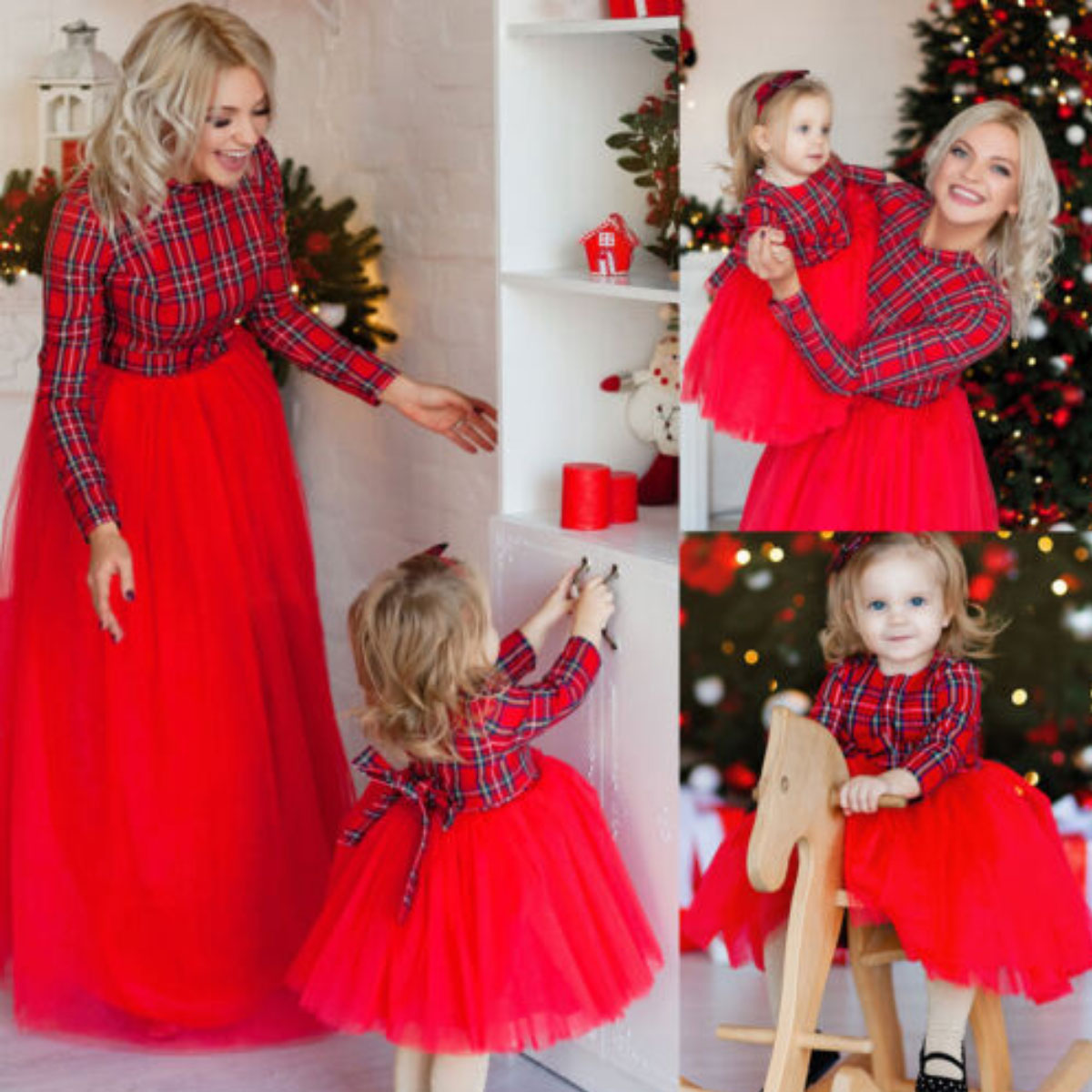 Christmas Red Plaid Mesh Stitching Mom Girl Matching Dress - 13202
