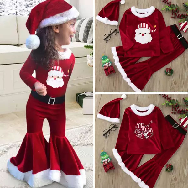 【12M-7Y】3-piece Girls Sweet Red Velvet Christmas Print Plush Top And Flare Pants Set - 34252