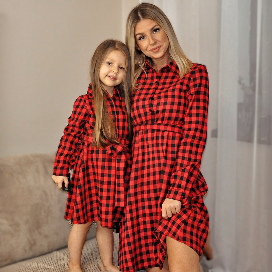 Classic Red Plaid Cotton Blends Long Sleeve Mom Girl Matching Dress - 1159