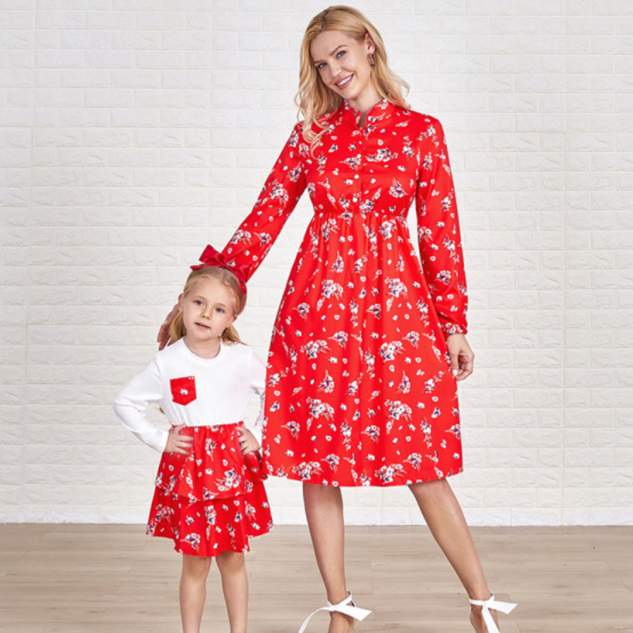 Red Flower Print Long Sleeve Mom Girl Matching Dress