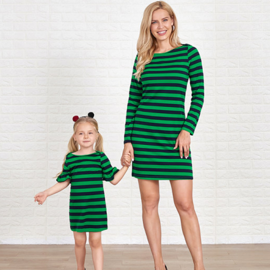 Casual Green Knitted Striped Round Neck Long Sleeves Mom Girl Matching Dress
