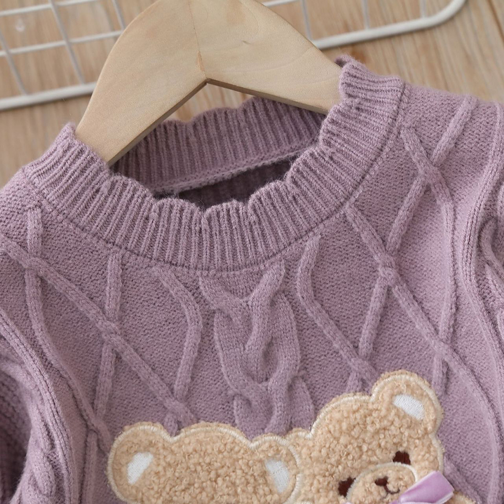 【18M-6Y】Girls Bear Embroidered Round Neck Long Sleeve Sweater - 31120