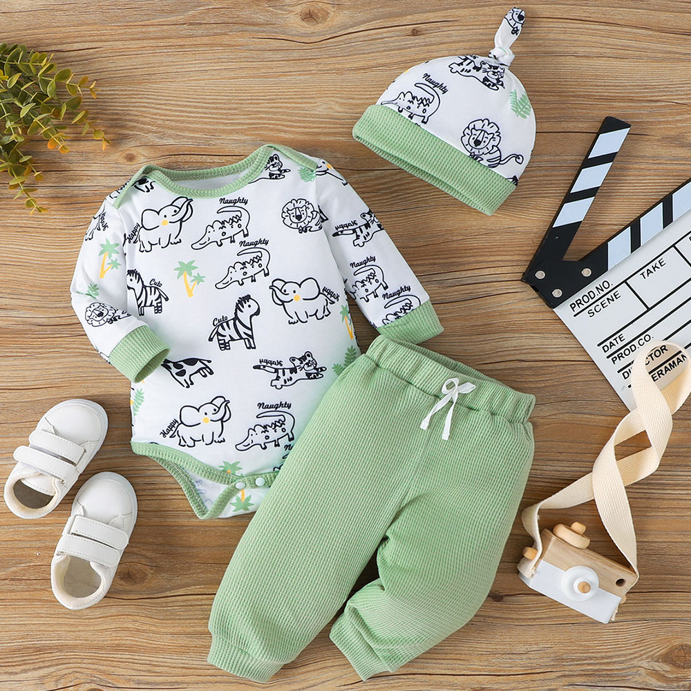 【0M-18M】3-piece Baby Boy Dinosaur Print Long Sleeve Romper And Pants Set With Hat 【0M-18M】3-piece Baby Boy Dinosaur Print Long Sleeve Romper And Pants Set With Hat