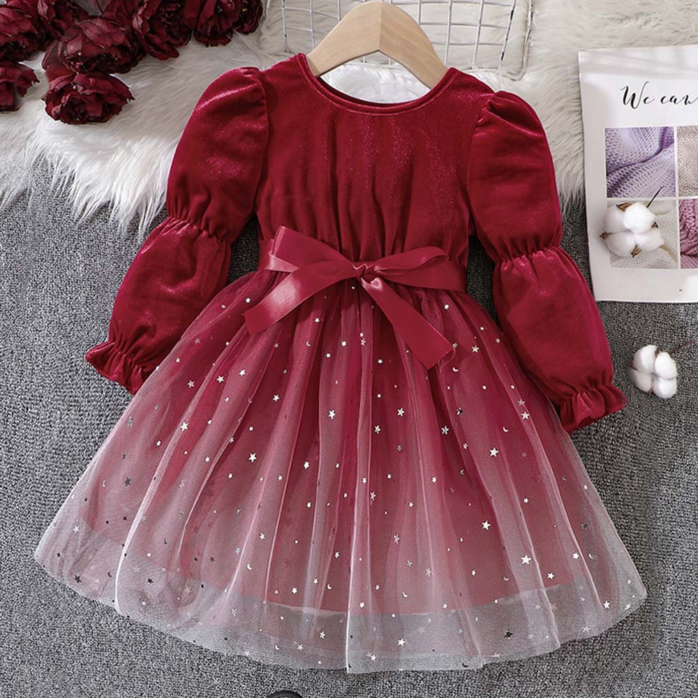 【18M-6Y】Girls Red Velvet Star Mesh Long Sleeve Dress