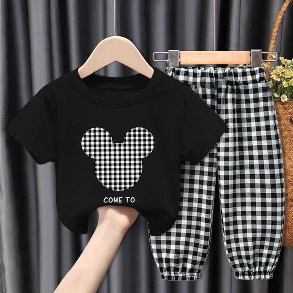 【18M-9Y】Unisex Kids Cartoon Print Short-sleeved T-shirt And Plaid Pants Set - 34359 【18M-9Y】Unisex Kids Cartoon Print Short-sleeved T-shirt And Plaid Pants Set - 34359
