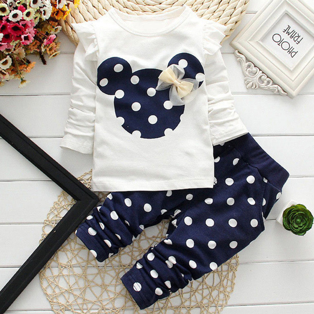 【9M-7Y】2-piece Girls Polka Dot Print Long-sleeved T-shirt And Pants Set - 34276
