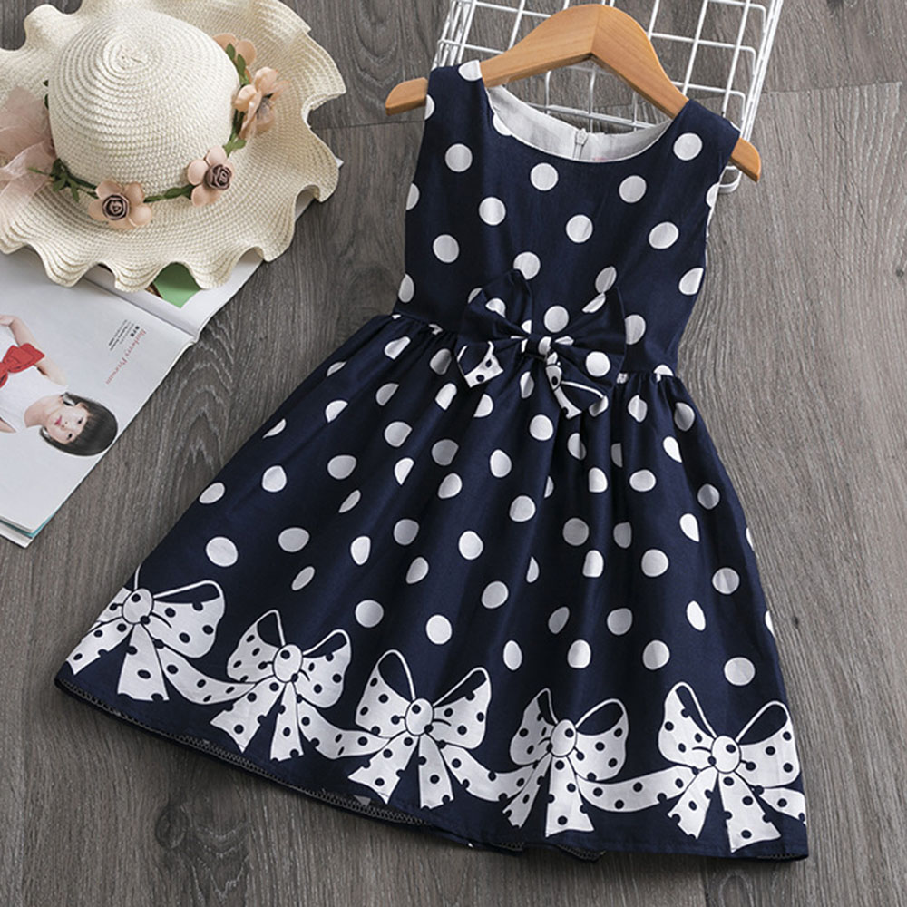 【2Y-12Y】Girls Polka Dot Bow Print Sleeveless Dress - 33315