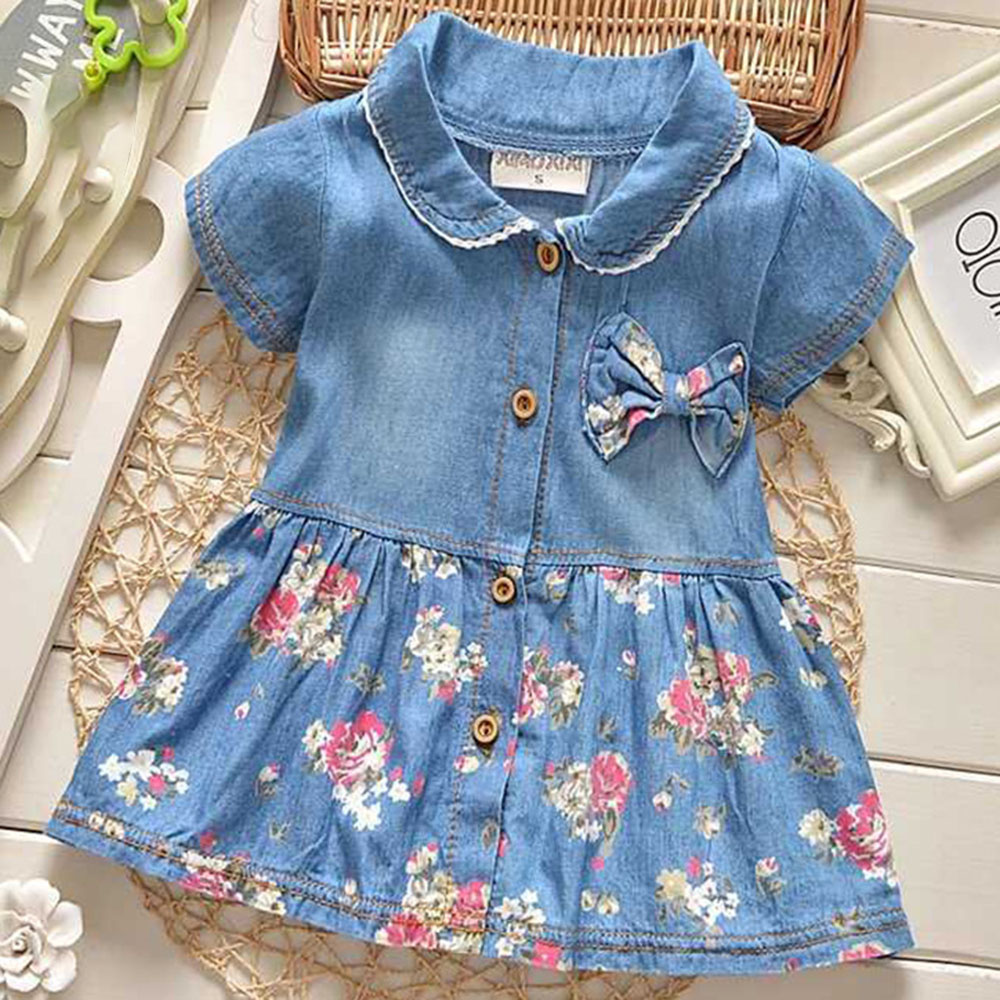 【9M-3Y】Girls Denim Floral Short Sleeve Dress