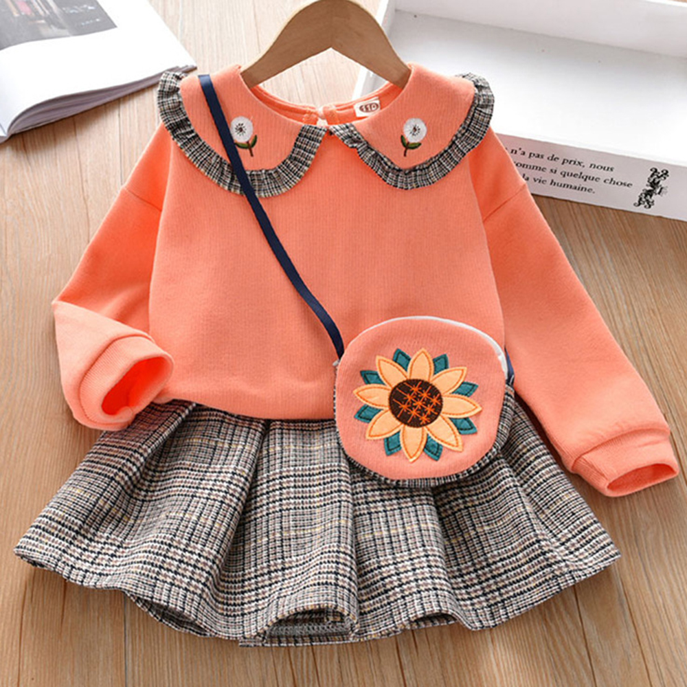 【18M-7Y】Girl 3-piece Doll Collar Sweatshirt And Plaid Pleated Skirt Set With Bag - 34157