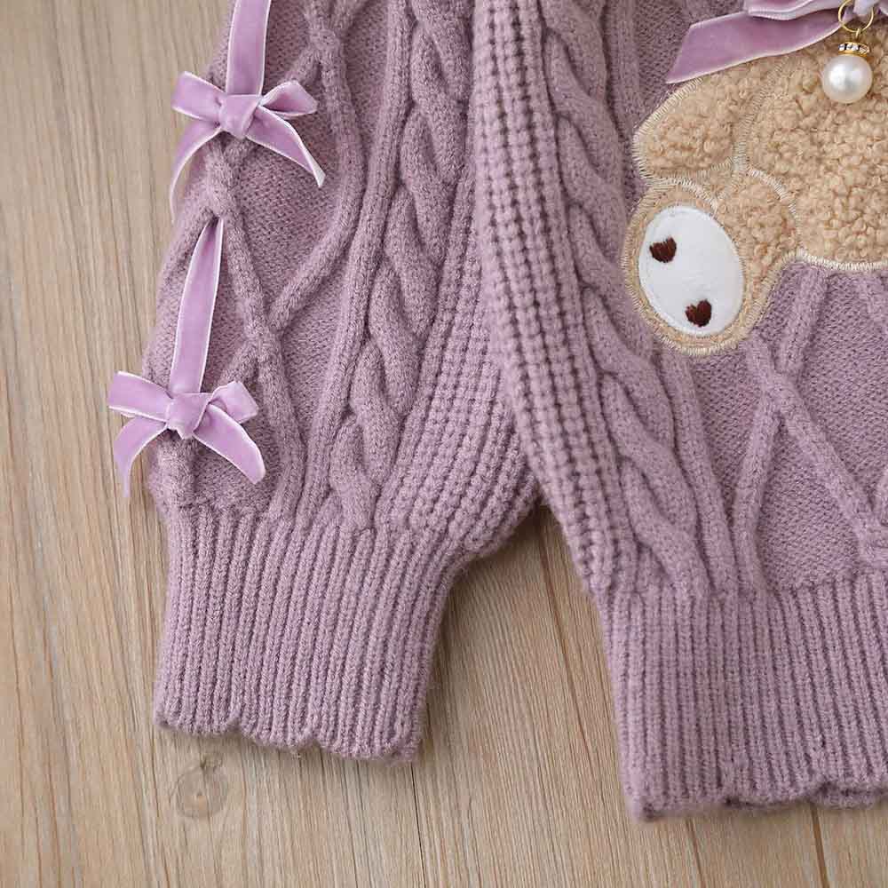 【18M-6Y】Girls Bear Embroidered Round Neck Long Sleeve Sweater - 31120