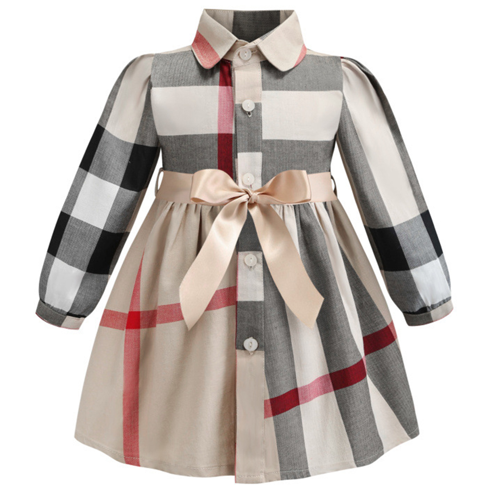 【2Y-8Y】Girls Cotton Khaki Plaid Lapel Long Sleeve Dress